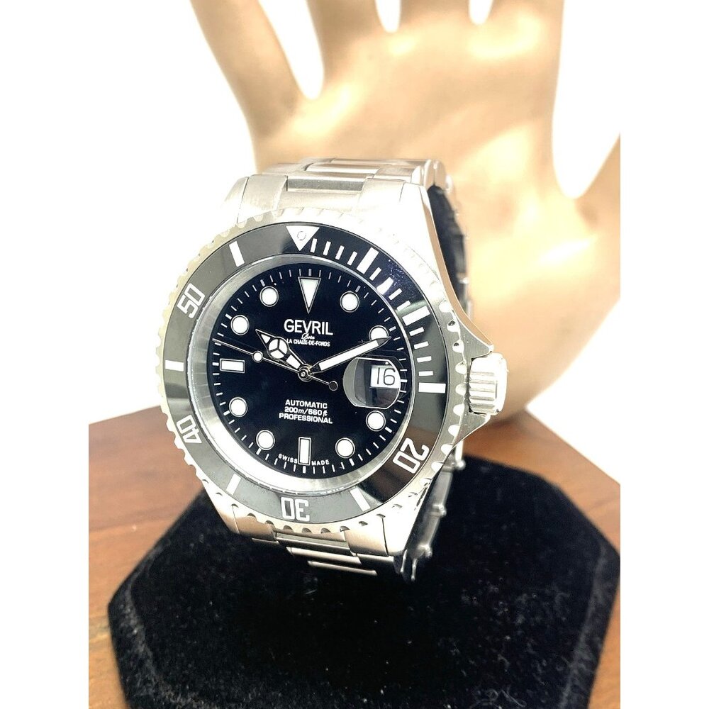 Gevril Men's Watch 4850A Wall Street Swiss Automatic Diver Black Dial Steel 43mm